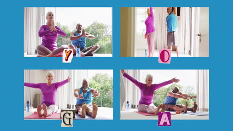 animación de cuatro fotogramas con una pareja de ancianos diversos practicando yoga en casa sobre un fondo azul