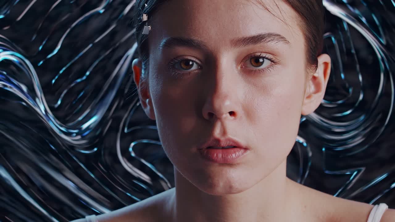 молодая женщина с коричневыми волосами пристально смотрит, в то время как абстрактный фон динамически смещается за ней, создавая завораживающий визуальный эффект с жидкими, вращающимися элементами цифрового искусства