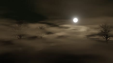 paisaje nebuloso y ventoso por la noche a la luz de la luna llena y las estrellas con árboles y estanques (bucle sin costuras)