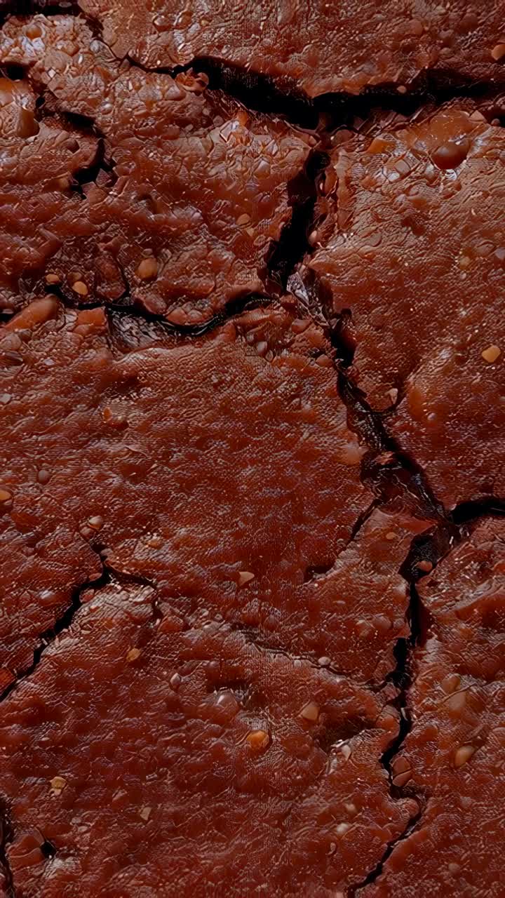 Vertikální video: Posun rámování kamery odhaluje popraskanou krustu brownie v makro záběru, ukazující ořechy
