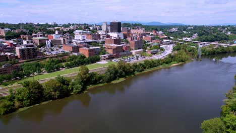 lynchburg virginia aerial push in across the james river