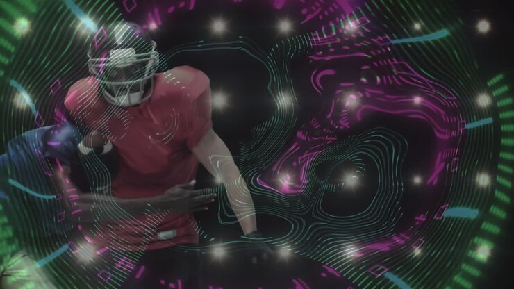 Animation of distorted colours and clock face over american footballers tackling