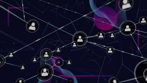 animación de la red de conexiones con iconos y procesamiento de datos