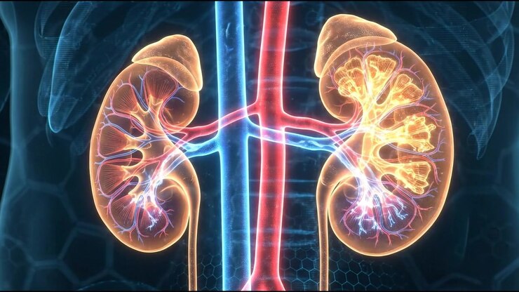 Pair of 3D human kidneys displaying highlighted renal cortex structure