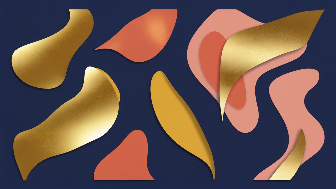 Motion Graphics Astratte con Forme Dorate e Pastello Fluttuanti