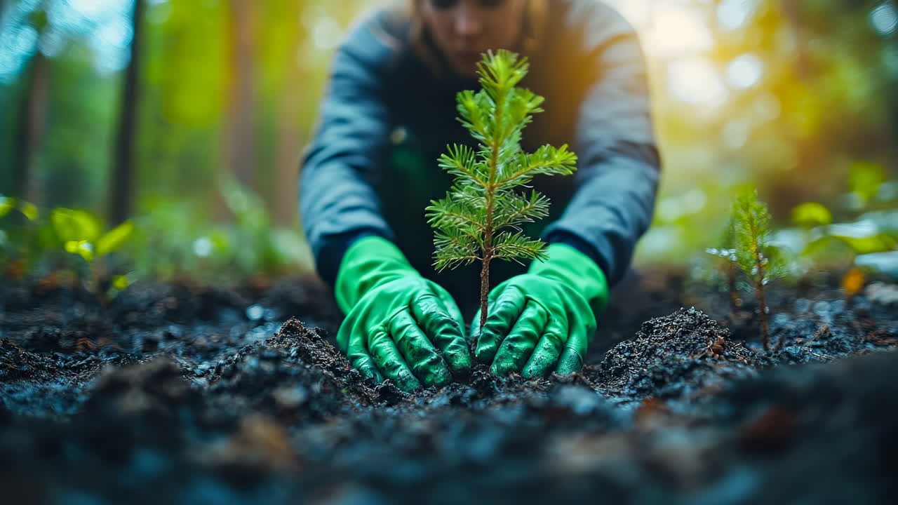 Hands planting young tree in forest soil. Close-up of gloved hands planting a small pine tree seedling into moist soil in the forest