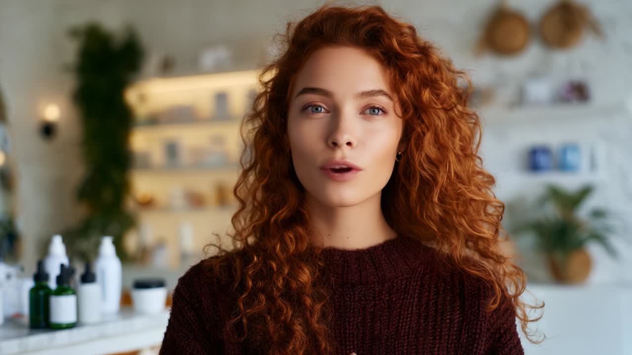 A young woman with beautiful curly red hair, wearing a cozy sweater, speaks engagingly in a bright and airy space filled with beauty products and greenery, showcasing her vibrant personality and captivating expression