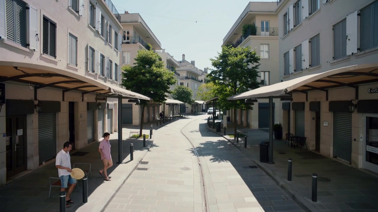 Von unten links kommend, ein Mann, der ein rundes Objekt hält, und eine Frau im rosa Kleid, die die Straße entlanggeht und das Objekt auf einen Tisch legt.