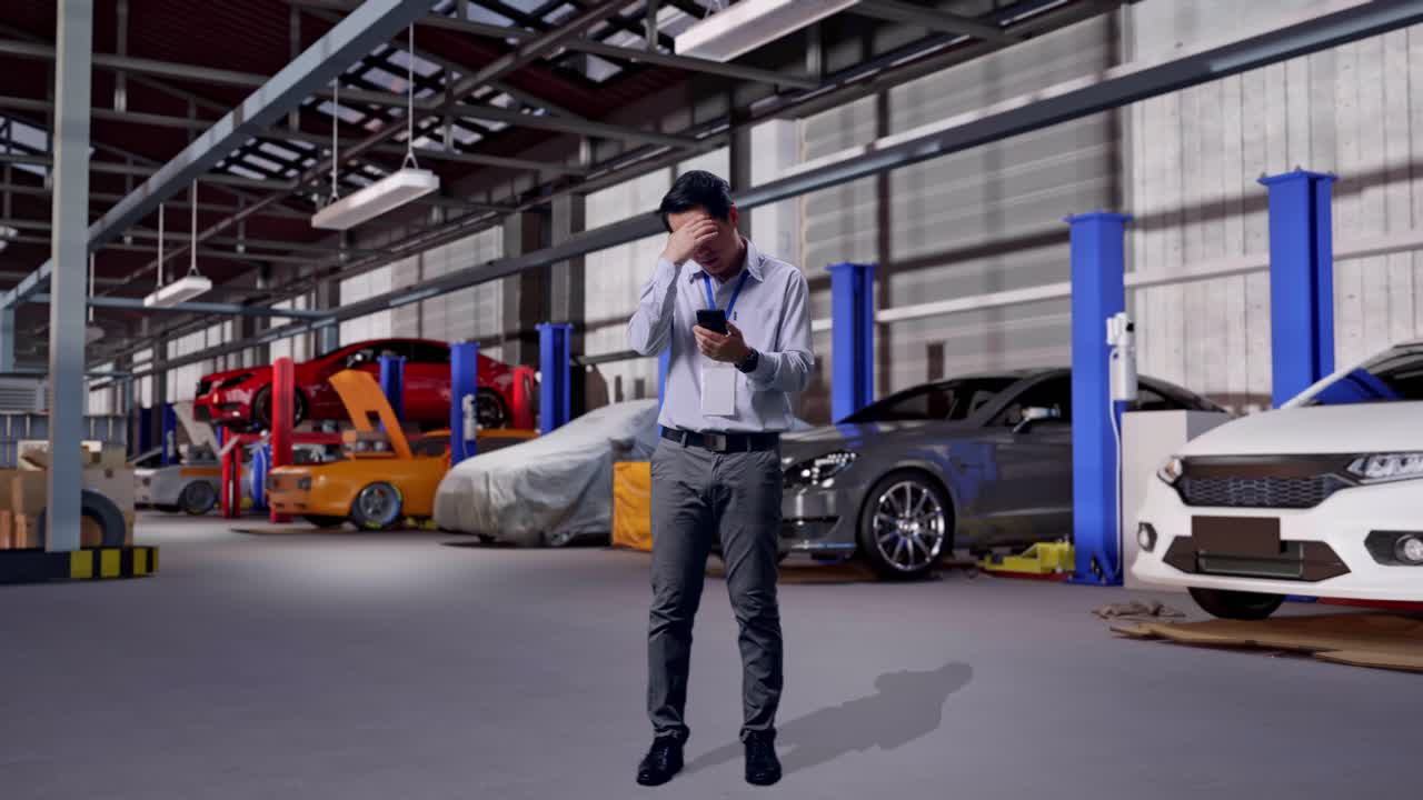 Corpo inteiro de um trabalhador profissional asiático com seu smartphone em uma oficina de conserto de carros. Ele está balançando a cabeça com decepção