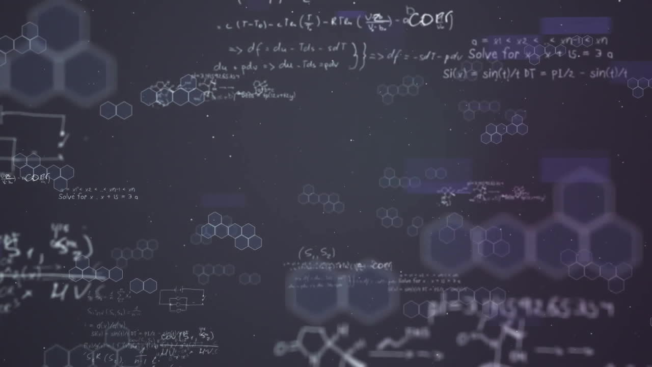 Animation of mathematical and chemical equations over purple shapes