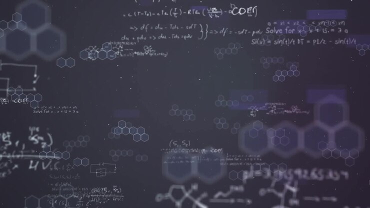 Animation of mathematical and chemical equations over purple shapes
