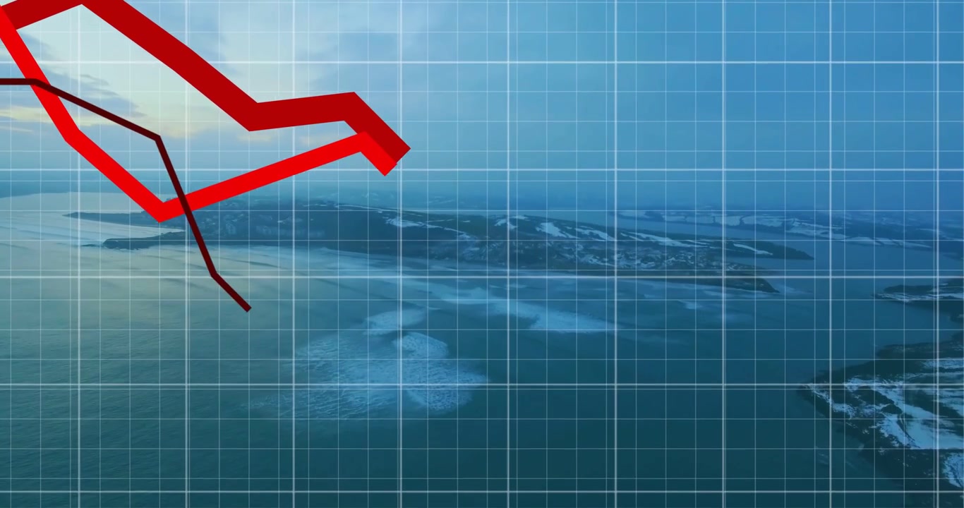 Flusso di dati che avvia linee rosse del grafico che entrano da sinistra, tracciando bruschi cali di mercato su un oceano a griglia.