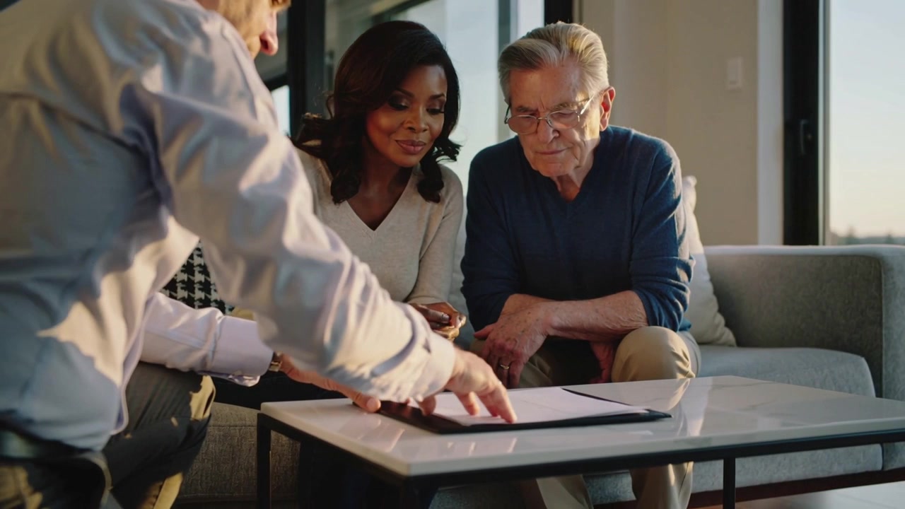Reading document couple on sofa while advisor in light shirt placing black folder pointing to sign