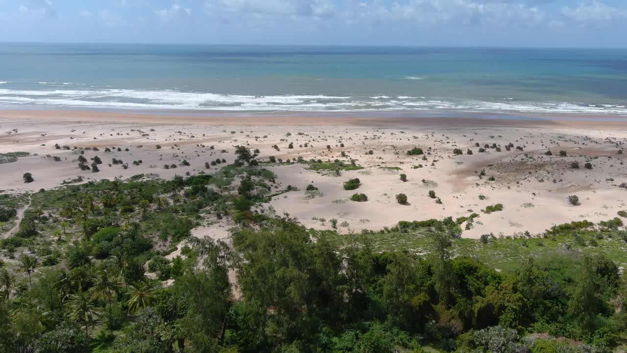 vuelo de dron descendente más allá de un bosque tropical hacia una playa