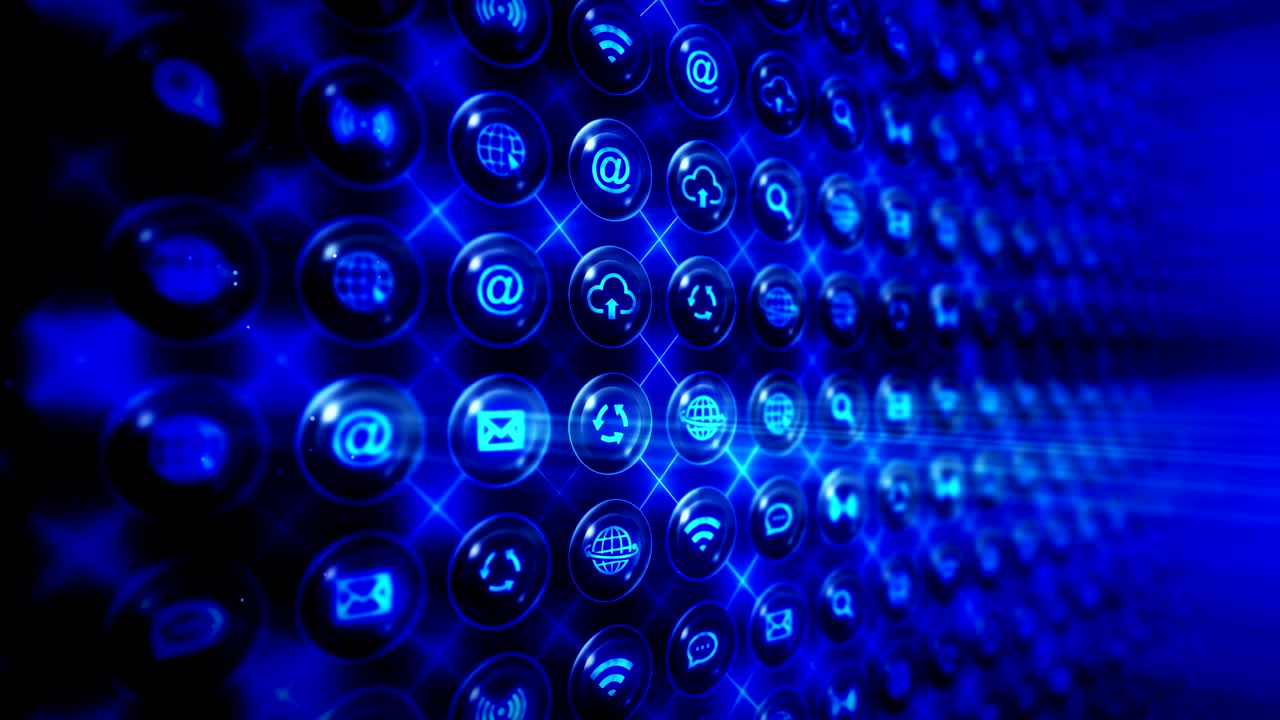 conjunto de iconos web, fondo de comunicación en internet, animación de bucle cg,