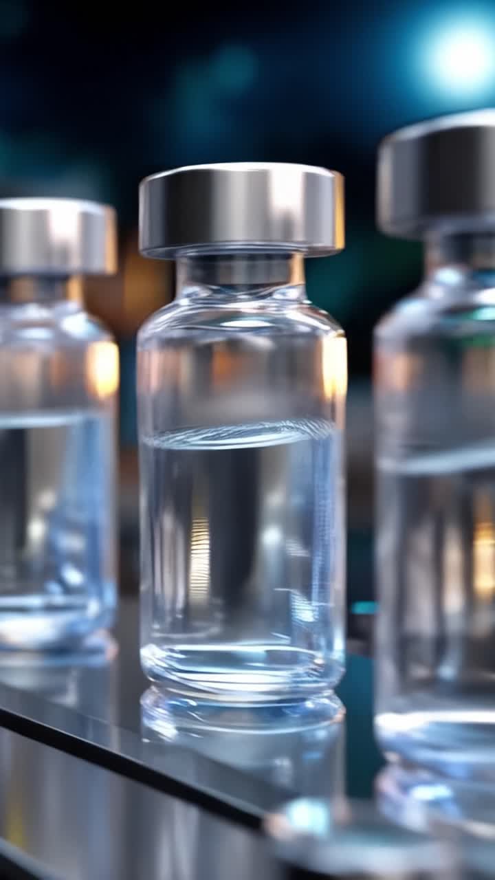 Representación de Primer Plano de Viales Transparentes Conteniendo Líquido, Mostrando un Ambiente Estéril con Superficies Reflectantes e Iluminación Suave que Realza sus Características