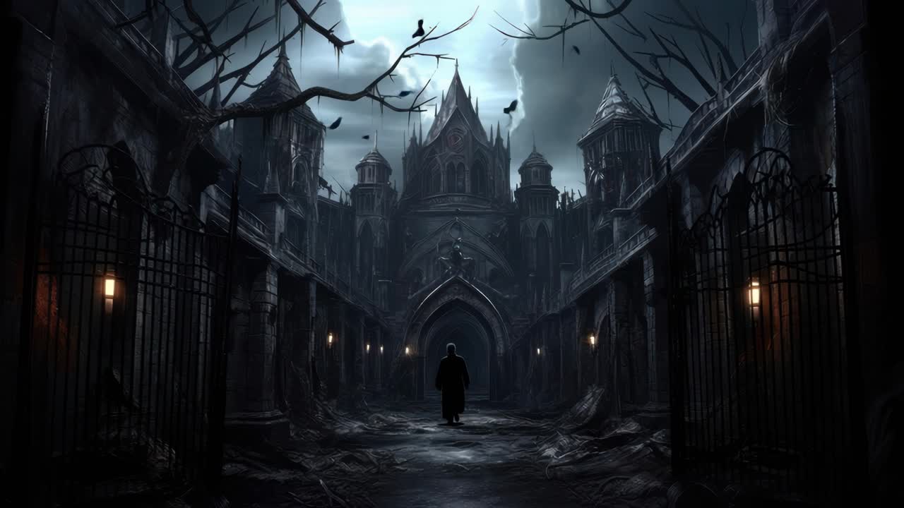 Eerie gothic castle video scene, captured from a low angle