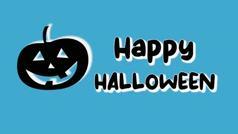 Happy-Halloween-text-with-black-pumpkin-evil-symbol-animation-cartoon-on-blue-background