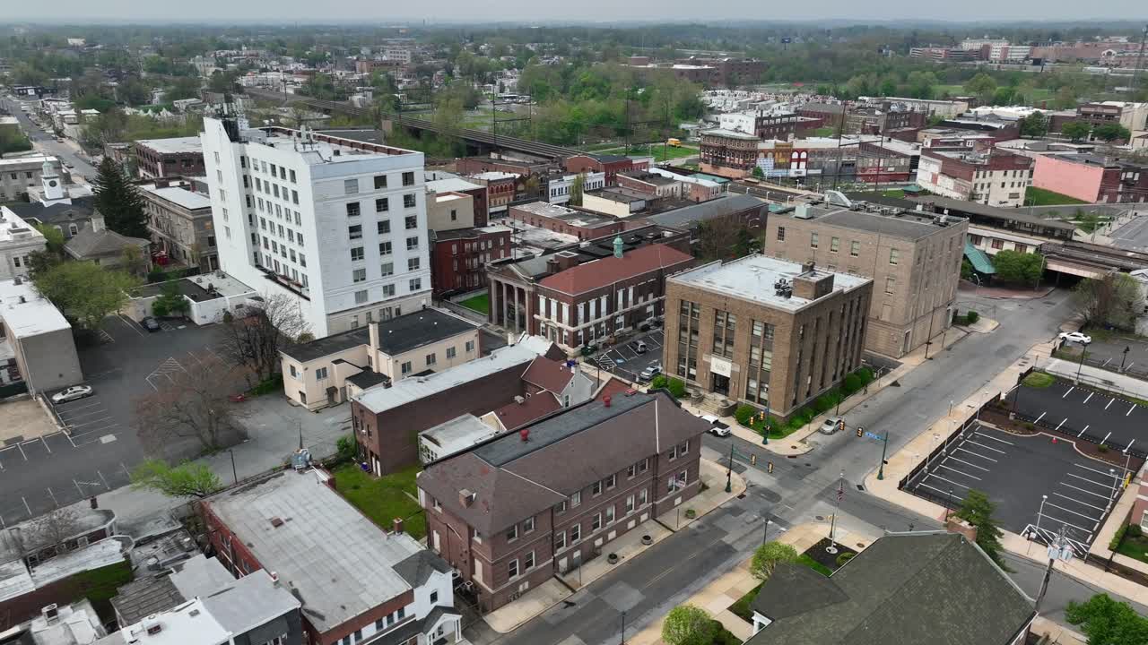Aerial establishing shot of Chester, Pennsylvania downtown