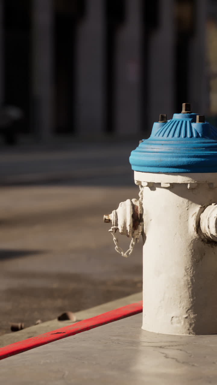 primer plano de una boca de incendios blanca con una tapa azul en una calle de la ciudad