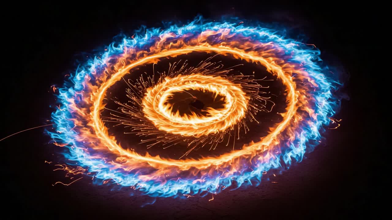 Captivating Spiral of Fire and Light: A Dynamic Display of Orange and Blue Flames Dancing in Perfect Harmony, Creating a Mesmerizing Visual Experience at Night