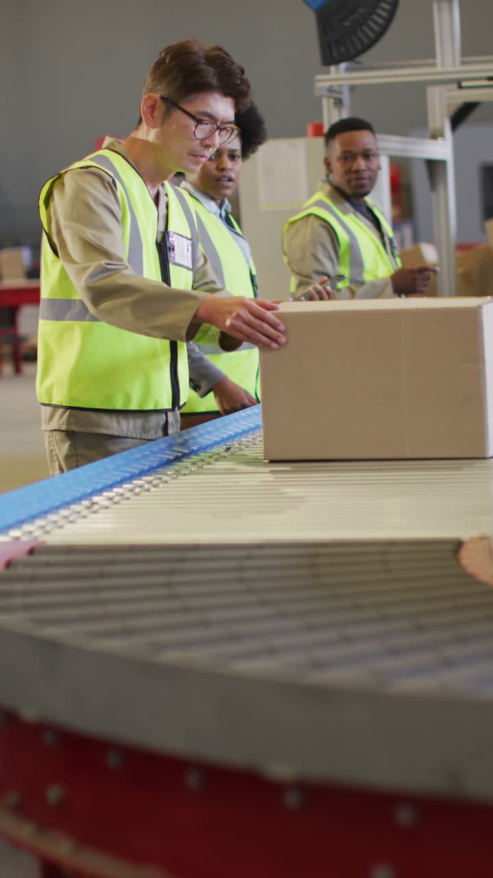 video vertical de diversos trabajadores masculinos y femeninos hablando en el almacén
