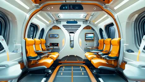 a view of the interior of a futuristic airplane with orange seats