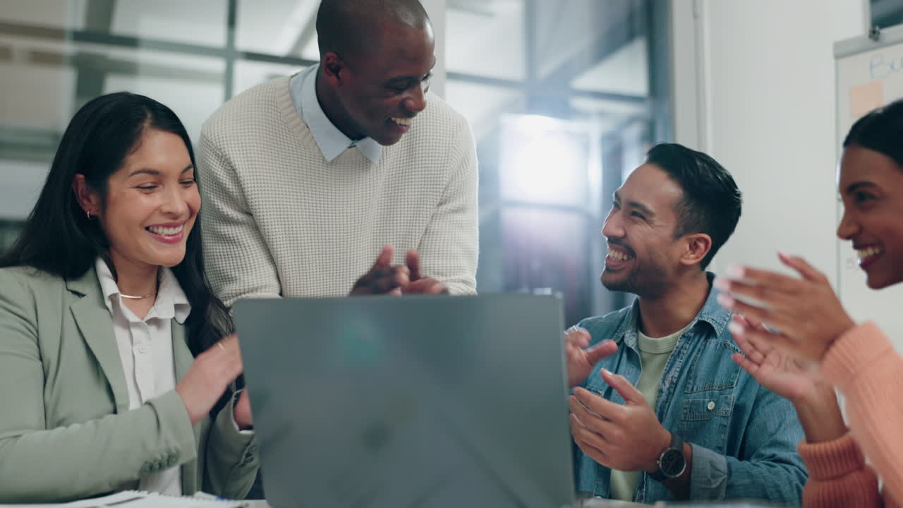 Presentation, winning and business people applause