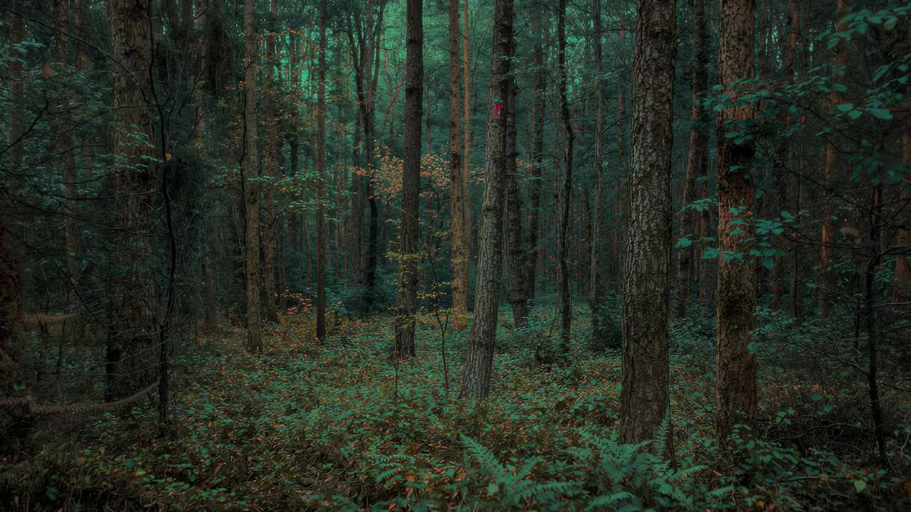 Panning camera through dense pine trunks in dim forest, revealing red cloth marker indicating trail