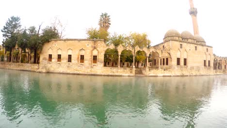 panorama from right to left fog on balikligol pool of sacred fish winter view sanliurfa