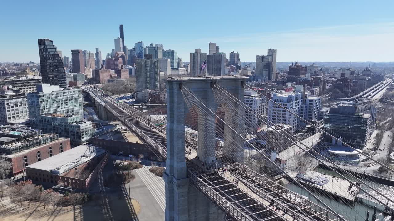 Brooklyn Skyline At Manhattan In New York United States. Highrise Buildings Scenery. Brooklyn Bridge Landscape. Brooklyn Skyline At New York United States. Traffic Background