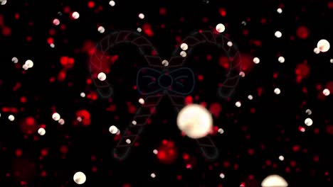 animación de cañas de caramelo parpadeantes sobre manchas rojas y blancas brillantes sobre un fondo negro