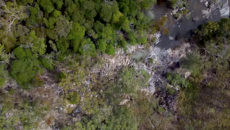 Vista-Aérea-De-Arriba-Hacia-Abajo-Sobre-Bosques-Secos-De-Esclerofila-Y-Aparcamiento-Cerca-De-Emerald-Falls-Creek