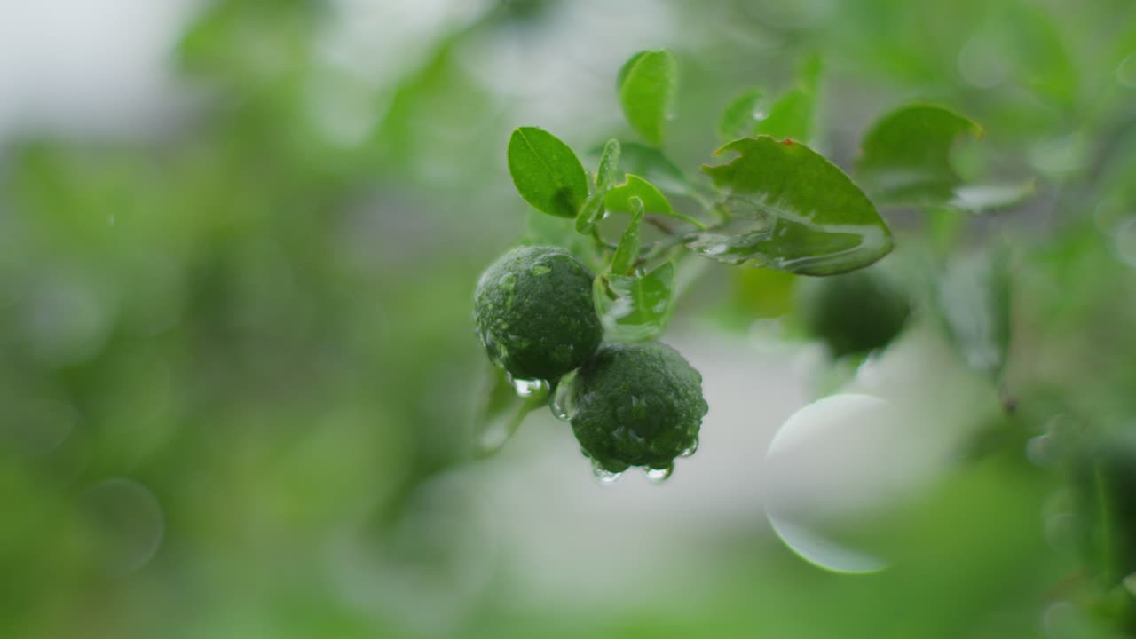 hojas y frutos húmedos de calamansi limes después de la lluvia