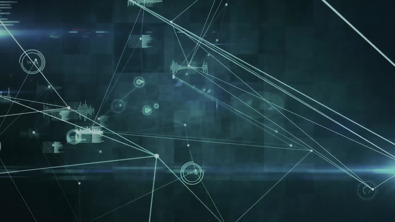 Animation of network of connections, data processing and light spots against black background