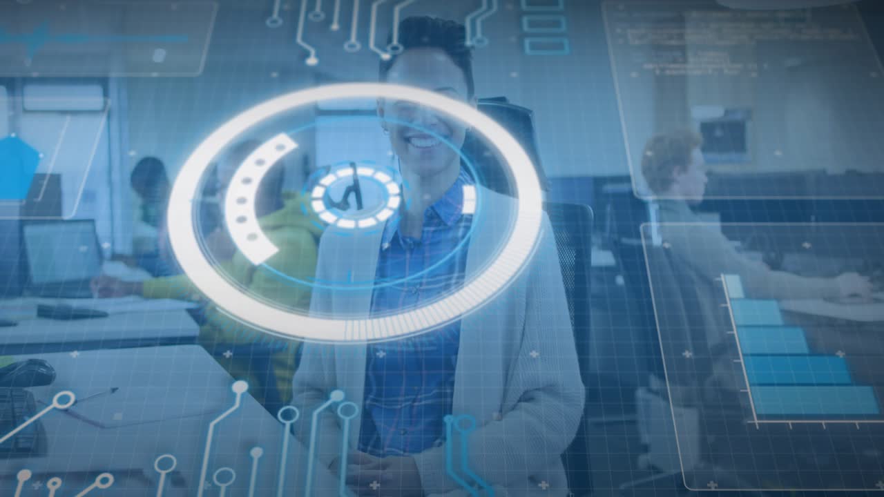 Woman standing at desk initiating holographic HUD locking softening smile in tech workspace