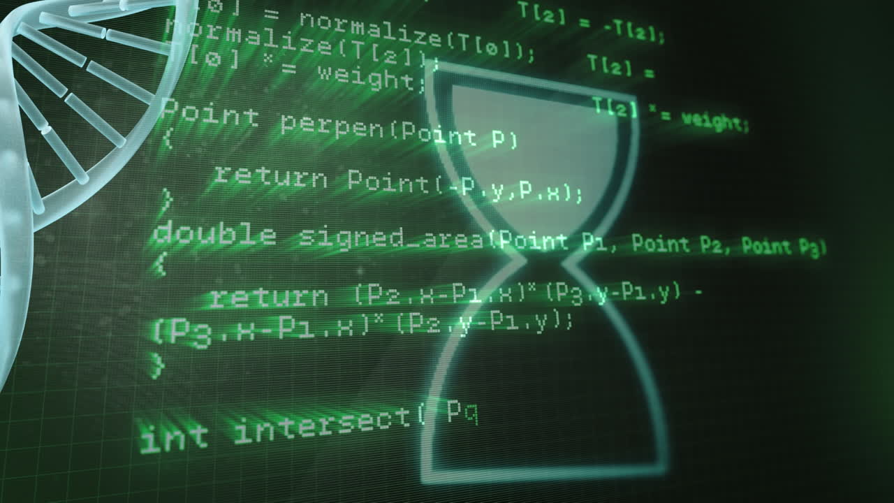 Animation of spinning dna strand over grid and globe