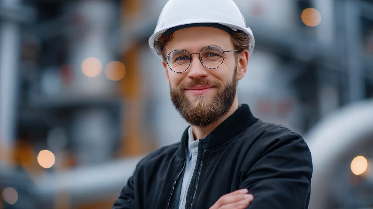 Confident engineer wearing a safety helmet and glasses stands with crossed arms, showcasing professionalism and expertise in an industrial setting with blurred backgrounds