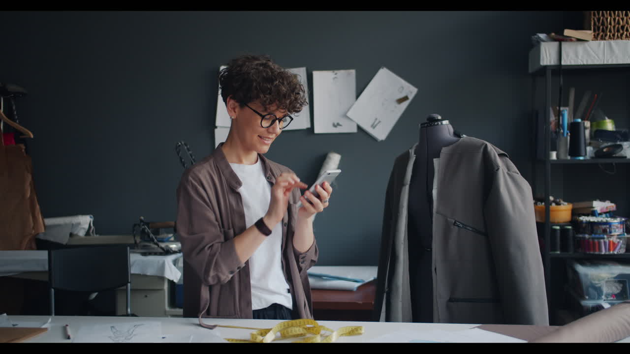 Fashion Designer Using Smartphone in Studio