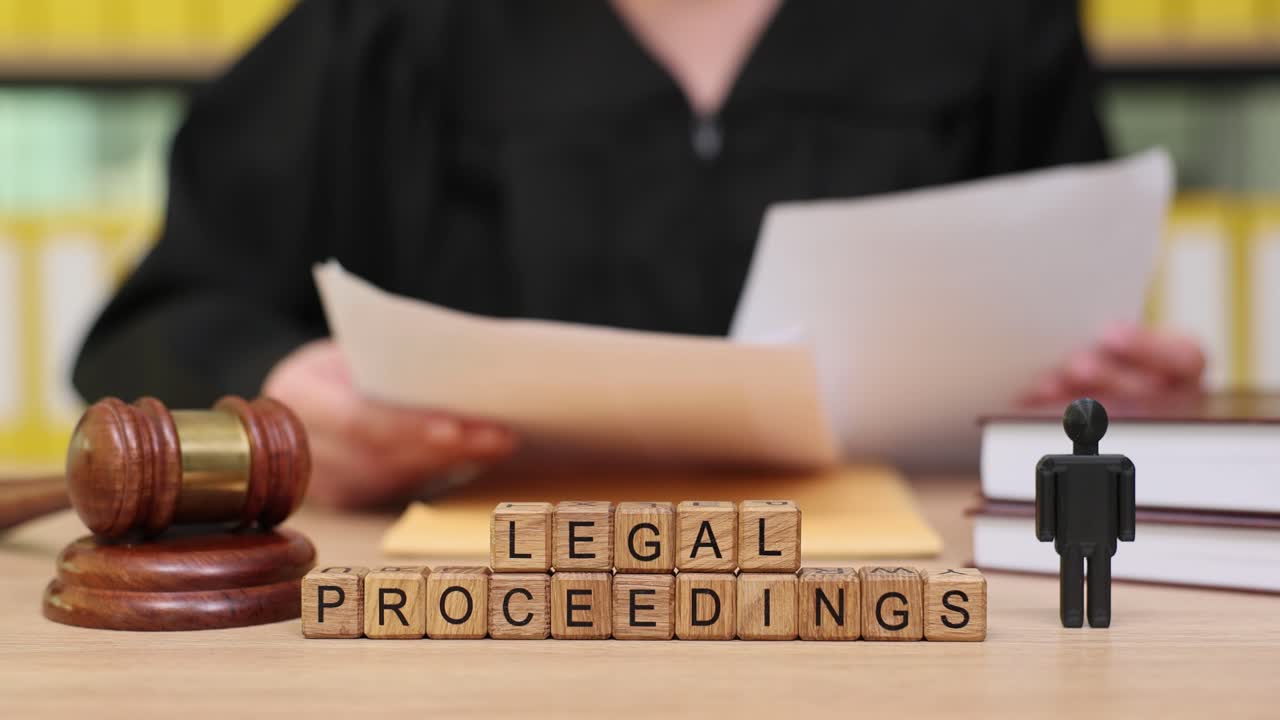 Legal proceedings with a judge, gavel, and documents
