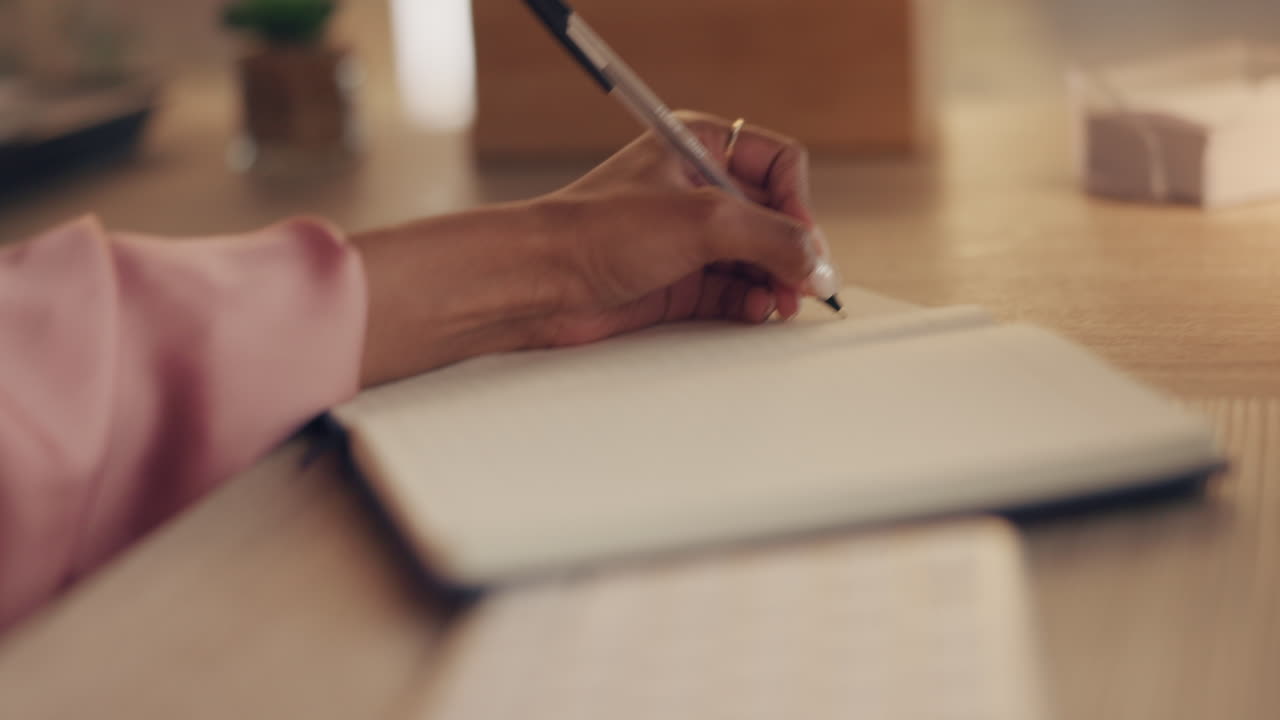 Writing hand, notebook and book planning