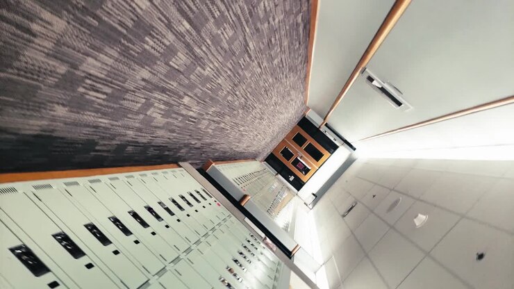 Spiral Vertigo twisted dizzy empty school hallway, with carpeted floors, and fluorescent lighting, lockers, no people in sight, and all class rooms, audioriums completely empty. 1-2