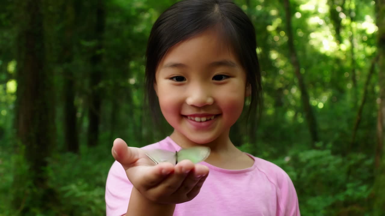 A young girl smiles as a green butterfly lands on her hand in the forest