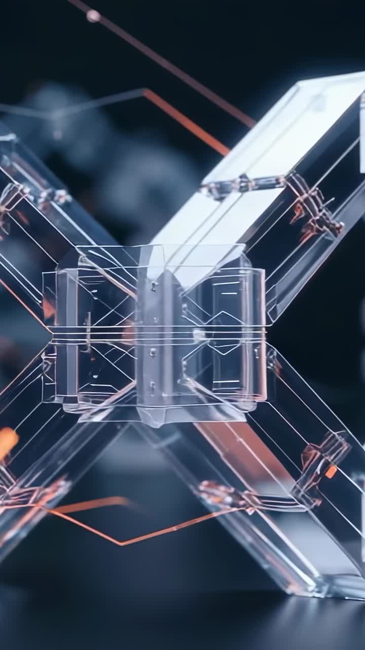 Vertical video: Looping transparent X showing orange beams rising then receding amid void circuits