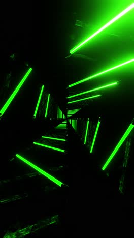 flying in a tunnel with flashing green fluorescent lights. vertical looped video