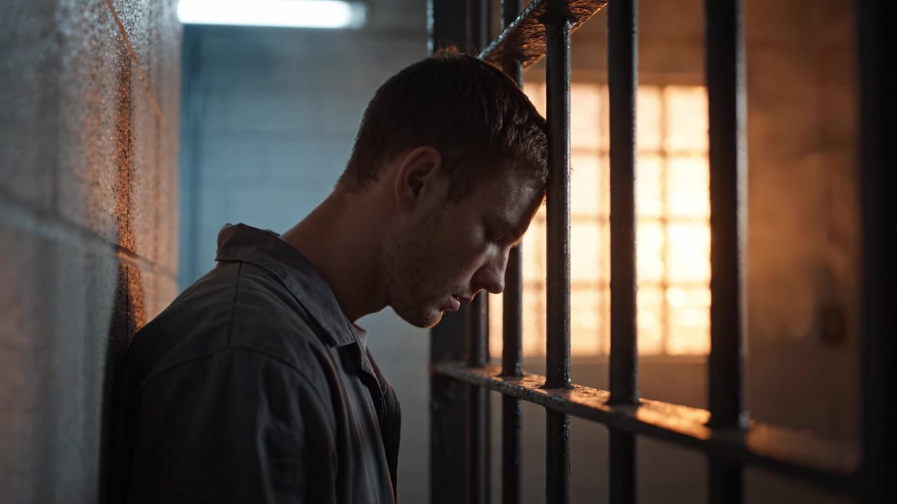 Un uomo riflette in una cella di prigione, catturando le emozioni di solitudine e introspezione mentre la luce del sole filtra attraverso le sbarre, enfatizzando i temi del confinamento e della libertà