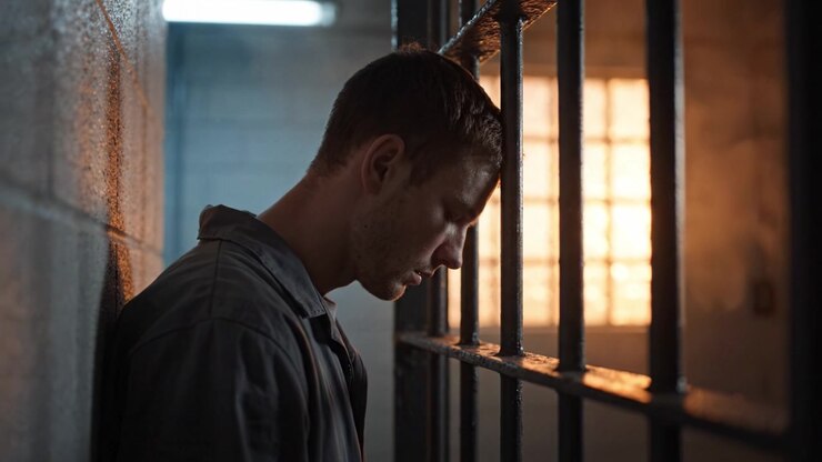 A man reflects in a prison cell, capturing the emotions of solitude and introspection as sunlight streams through the bars, emphasizing themes of confinement and freedom.