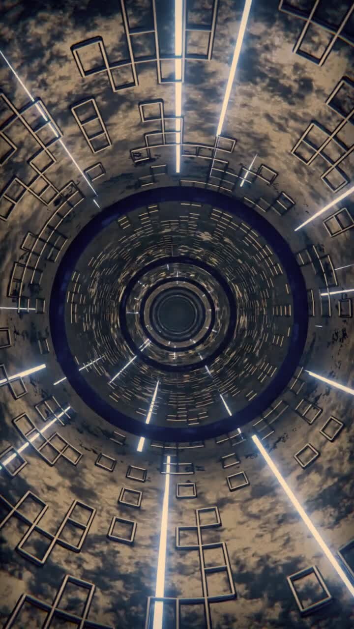 Volando a través de un túnel futurista de ciencia ficción con luces brillantes