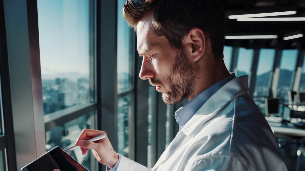 médico usando tableta en una oficina moderna con vista a la ciudad