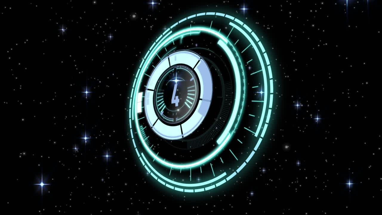 검은 바탕에 빛나는 별 위에서 카운트다운과 함께 회전하는 원형 스캐너의 애니메이션